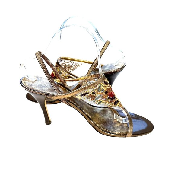 Nine West Bronze Women's Leather Mesh Beaded Sequin T-Strap Heels 9.5 4-inch hee - Picture 2 of 9